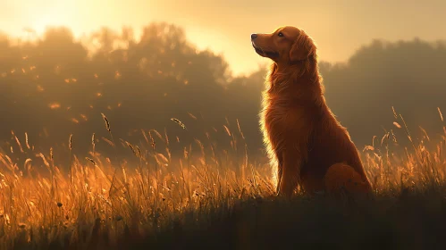 Serene Golden Retriever in Sunlit Field