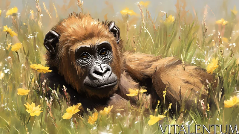 Peaceful Primate in Wildflower Meadow AI Image