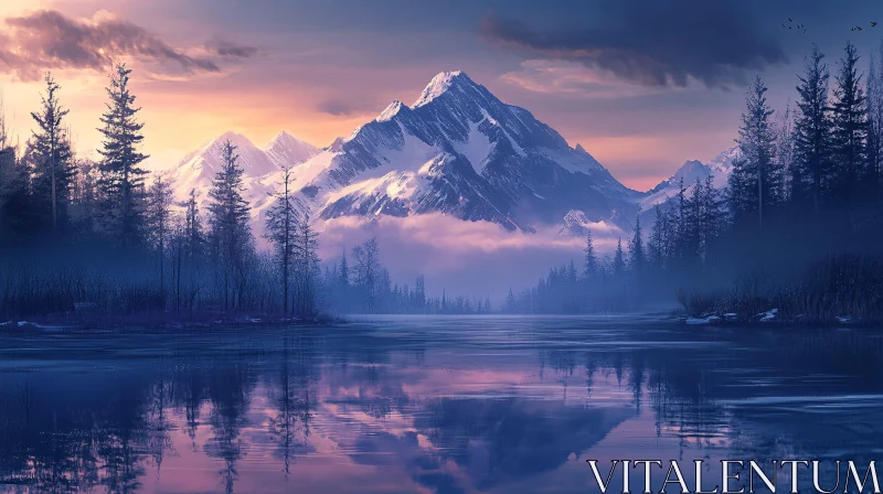 AI ART Sunset Over Misty Mountains and Tranquil Lake