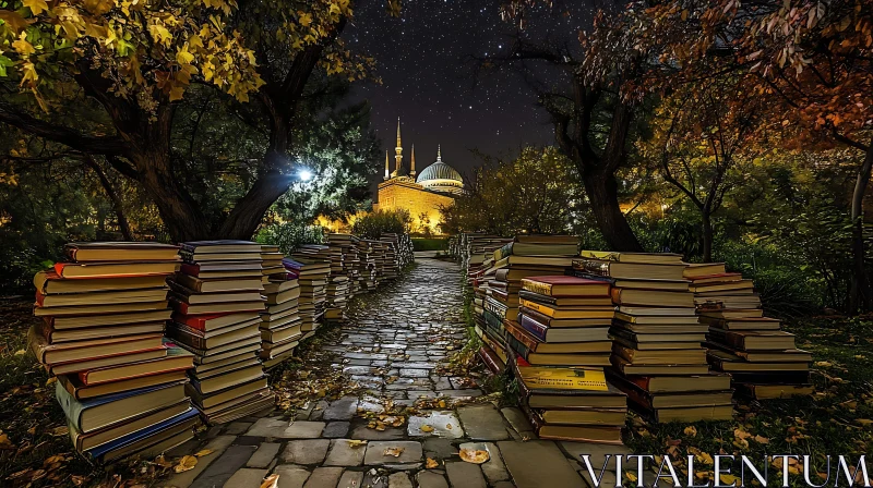 Book Lined Path to Mosque at Night AI Image