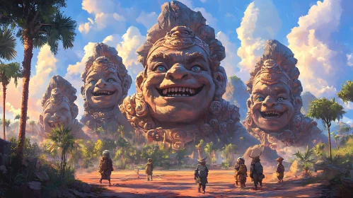 Colossal Stone Faces Smiling Travelers Art