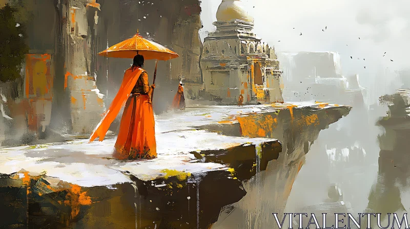 Contemplative Monk with Orange Umbrella AI Image