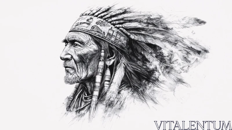 AI ART Monochrome Native American Man Headdress