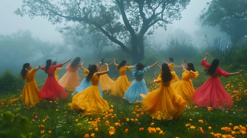 Women Dancing in Foggy Field