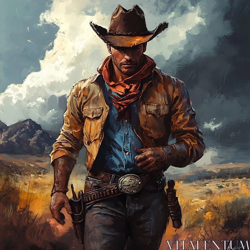 Western Cowboy Striding Landscape Painting AI Image