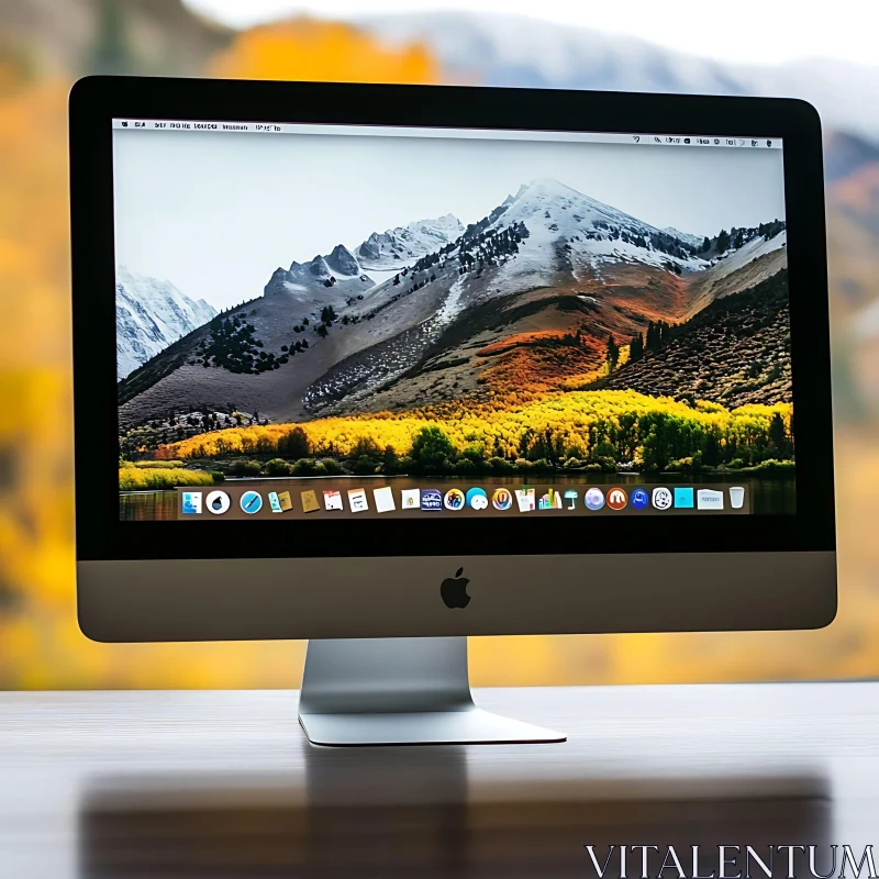 Minimalist iMac with Stunning Mountain View Wallpaper AI Image