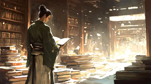 Serene Library Scene with Reader