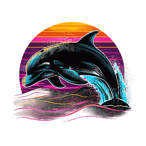 Black Dolphin Sunset Leap - Oceanic Art Illustration