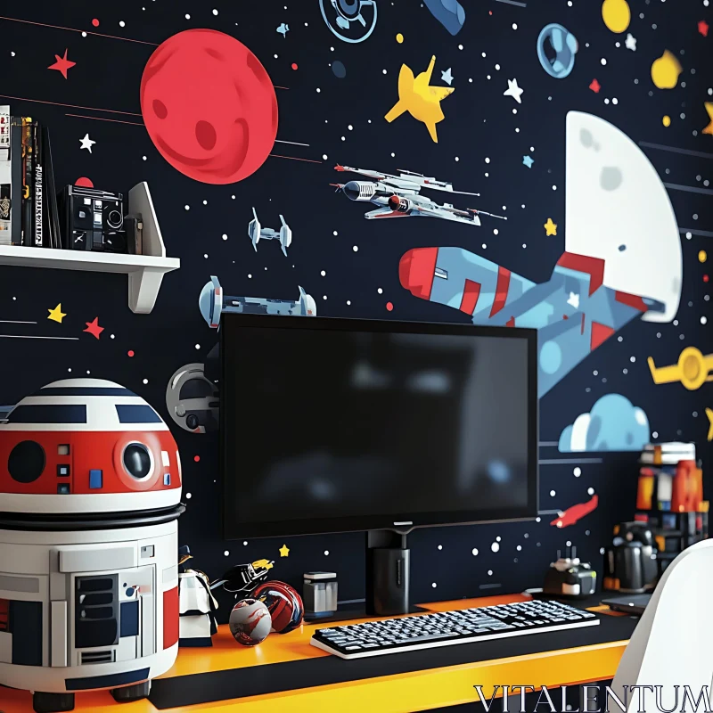 High-Tech Desk Setup with Space Decor AI Image