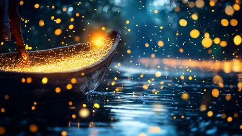 Boat on Water with Bokeh Lights