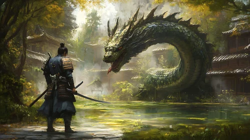 Warrior Facing Dragon in Ancient Landscape