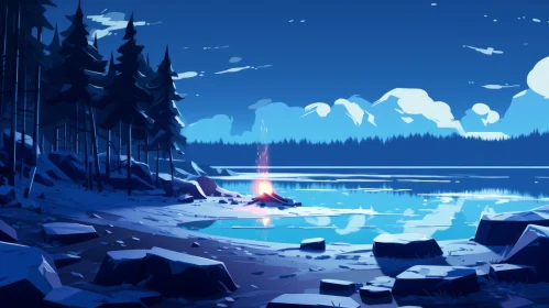 Captivating Nature Artwork: Serene Dark Night with River and Campfire