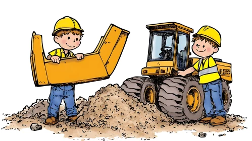 Cartoon Kids Playing with Excavator