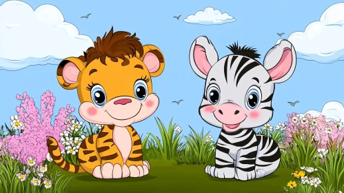 Adorable Cartoon Tiger and Zebra