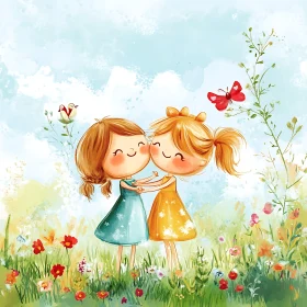 Two Girls Hugging in a Flower Field