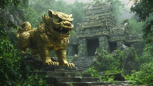 Ancient Temple with Golden Lion Statue