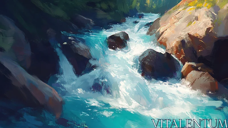 AI ART Flowing River with Rocks and Lush Green Vegetation