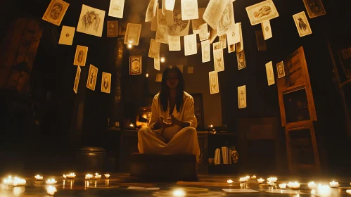 Enigmatic Woman Meditating in Candlelit Room