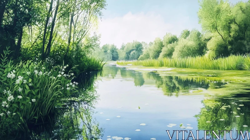 AI ART Peaceful Forest Lake with Mirror-Like Water