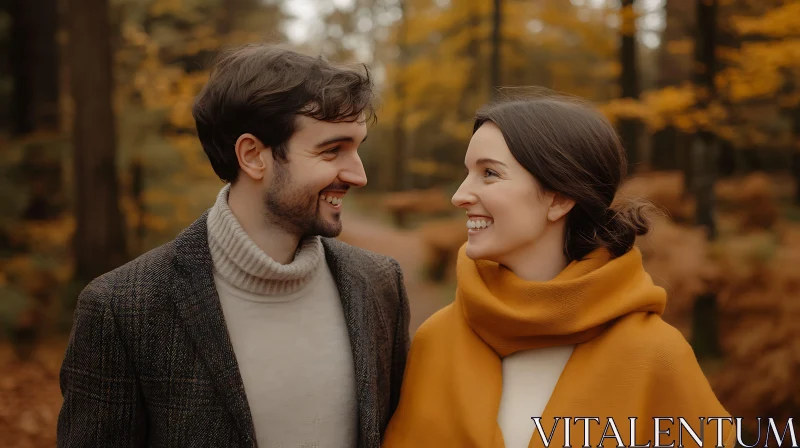 Autumnal Romance: A Couple's Loving Gaze in the Woods AI Image