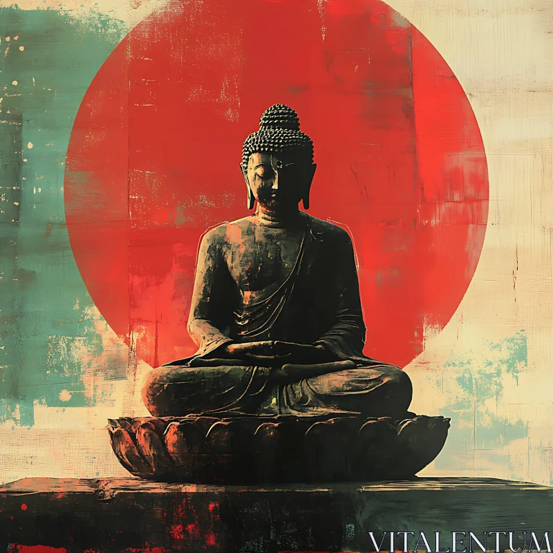 Meditative Buddha Art with Bold Red Sun AI Image