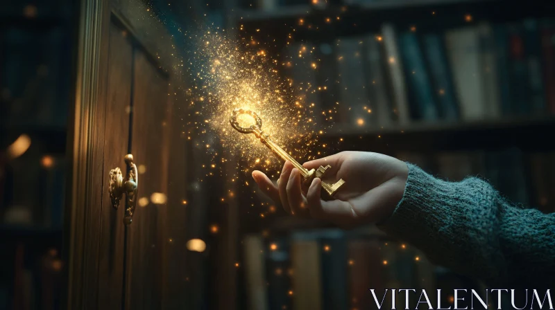 Golden Key with Sparkles in Library AI Image