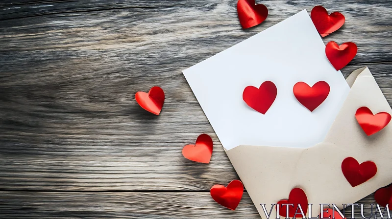 Hearts and Envelope on Wooden Background AI Image