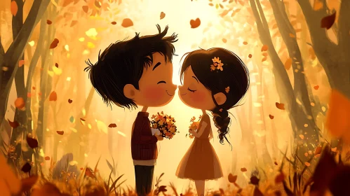 Autumnal Love: A Sweet Cartoon Kiss