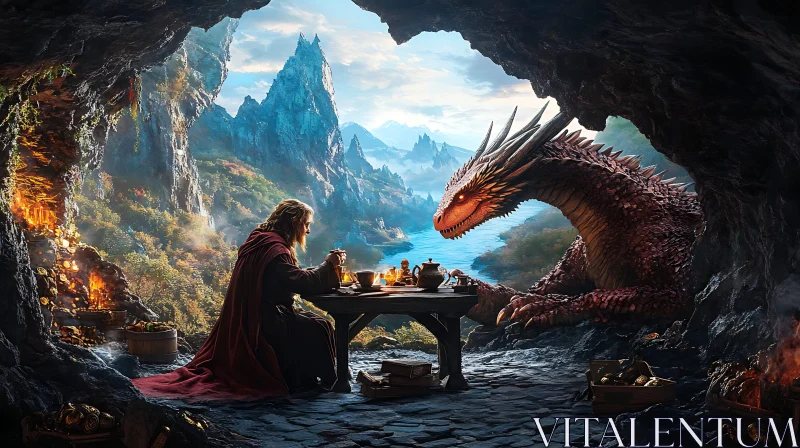 AI ART Wizard's Tea Party with Dragon Friend