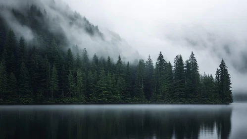 Misty Forest and Lake Reflection