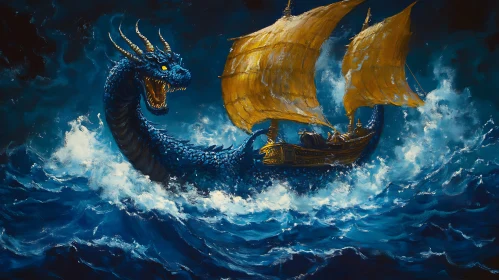 Mythical Sea Monster Encircling a Ship