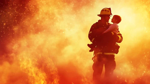 Firefighter Saving Child in a Fiery Scene