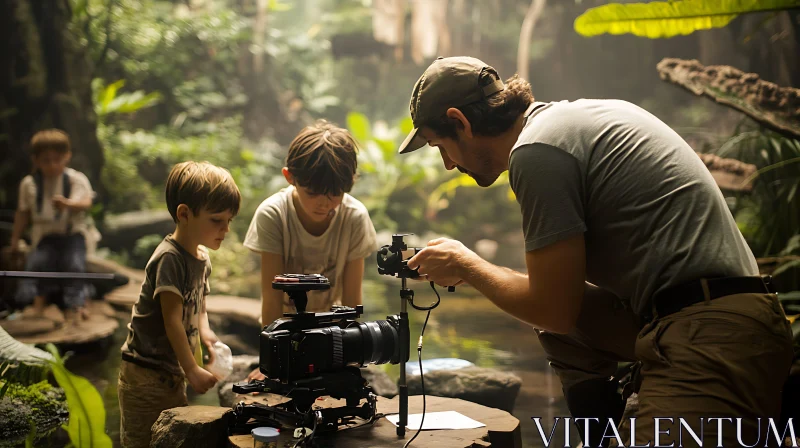 Backstage: A Film Crew with Child Actors AI Image