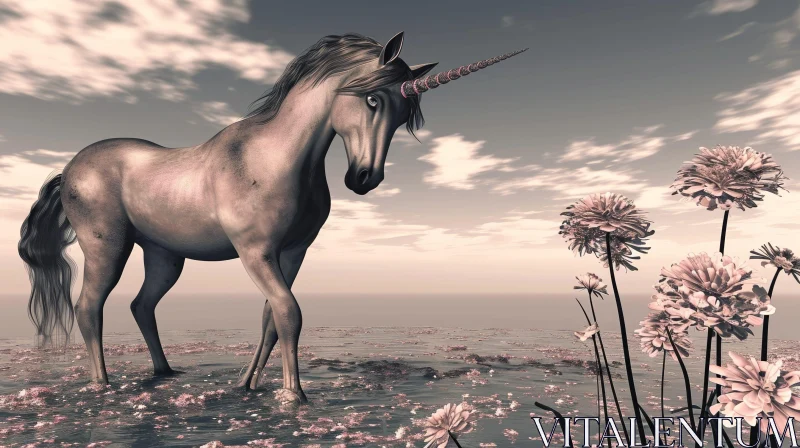 AI ART Enchanting Unicorn in a Field of Flowers - Photorealistic 3D Rendering