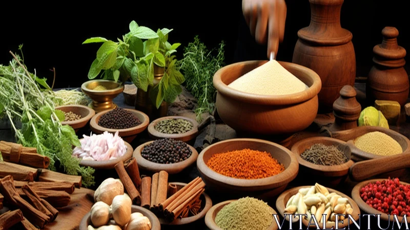 Exquisite Collection of Spices and Herbs in a Wooden Bowl AI Image