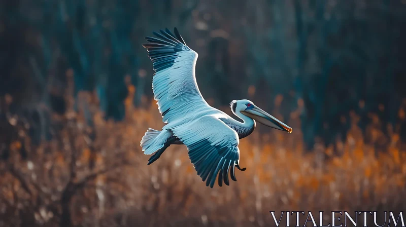 Pelican's Flight Over the Wetlands AI Image