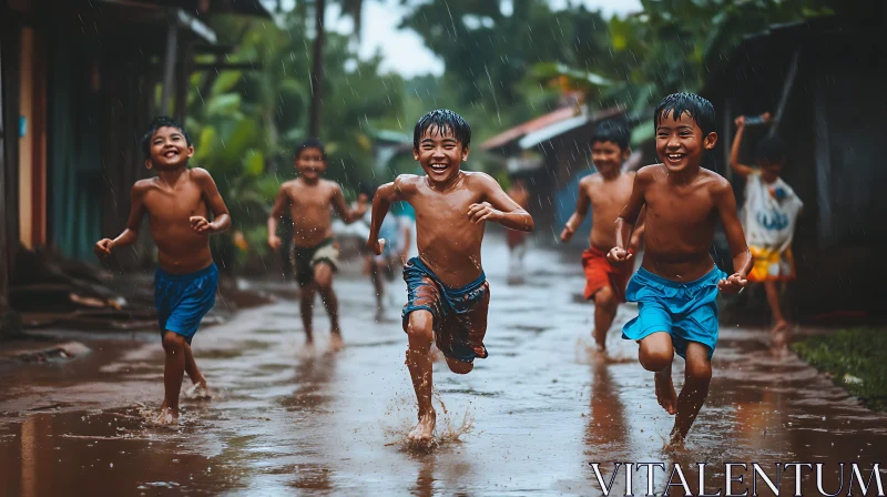 Kids Having Fun in Rainy Weather AI Image