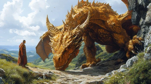 Golden Dragon and Human - Majestic Fantasy Digital Painting