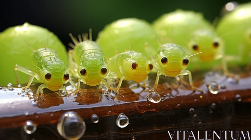 Green Caterpillars on Wooden Board with Water Droplets AI Image