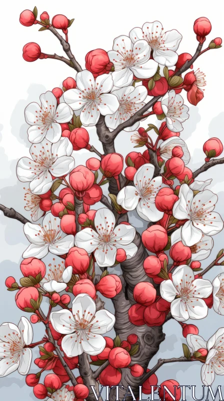 Hand-Colored Cherry Blossom Tree Vector Illustration AI Image