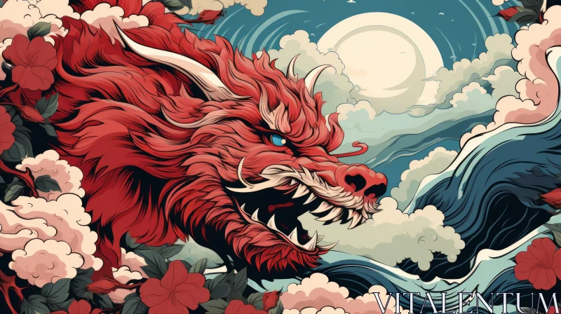 Illustration of Red Dragon Amidst Flowers: A Confluence of Styles AI Image