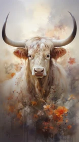 Intricate Painting of a Bull with Scottish Landscapes