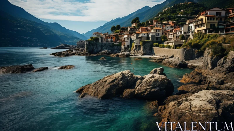 Italian Village on Lake Como Shore - Tranquil Ocean Waves and Mountain Vistas AI Image