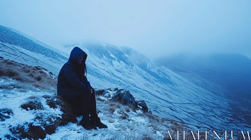 Mysterious Woman on Snowy Mountainside AI Image