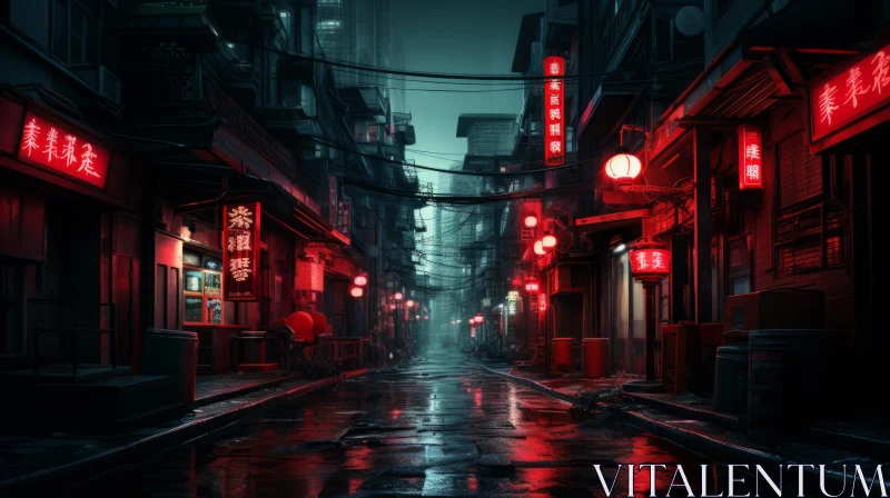 Nocturnal Asian Cityscape in Crimson Neon Glow AI Image