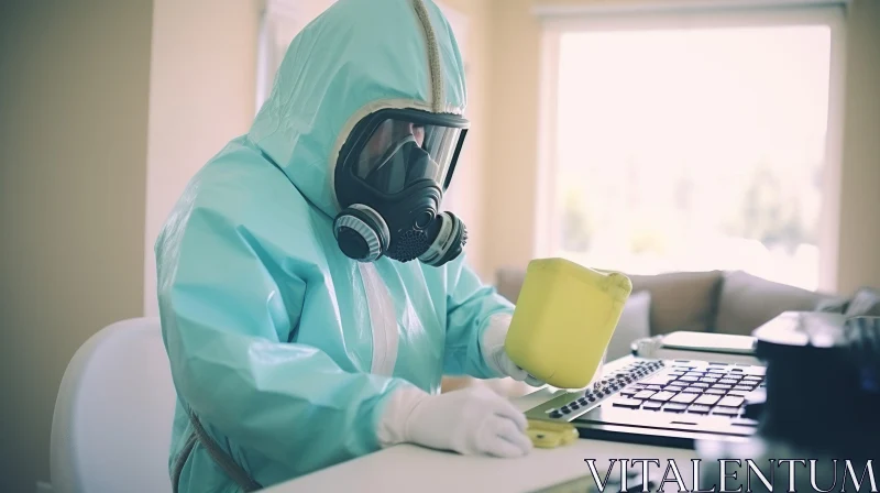 Person in Blue Protective Suit Working at Desk with Gas Mask | Unique Artwork AI Image