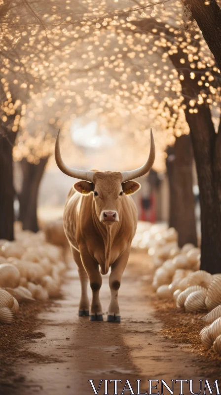 Serene Pastoral Scene with Bull on Tree-Lined Pathway AI Image