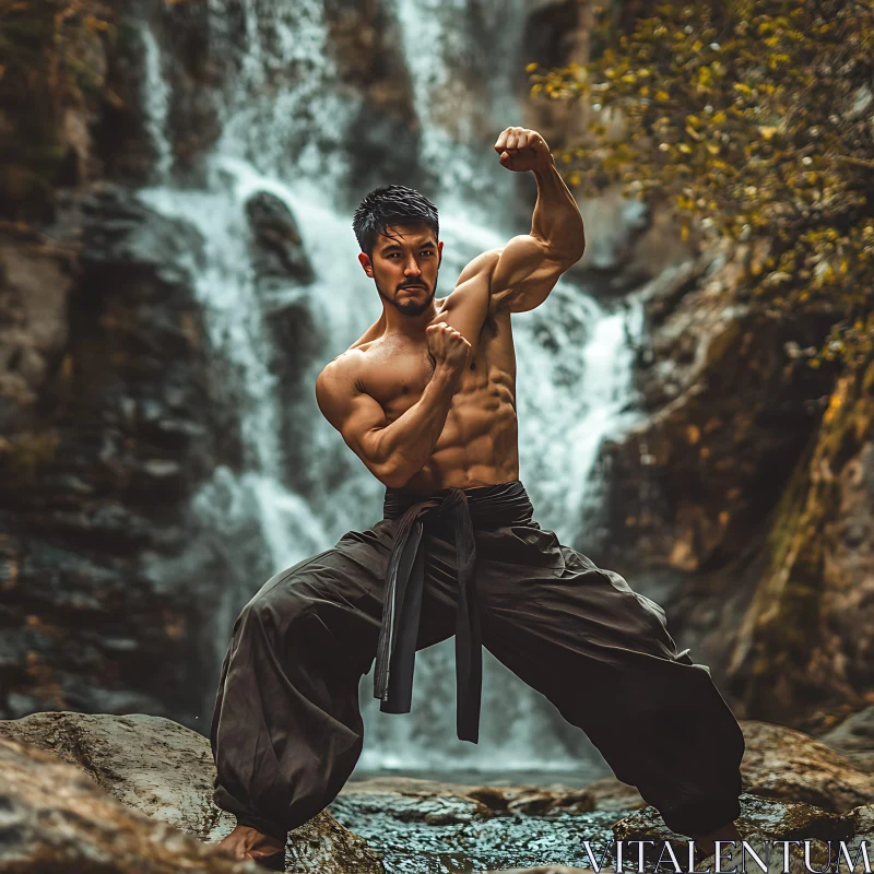 AI ART Man Practicing Martial Arts Waterfall