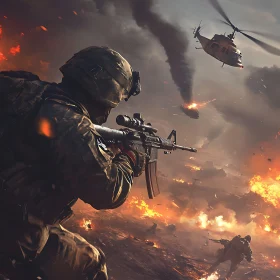 Fiery Battlefield with Soldier and Helicopter