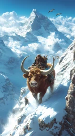 Man Riding Bull on Snowy Mountain